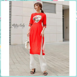 Áo Dài Cách Tân Nữ Màu Đỏ - Áo Dài Tết Đẹp Cổ Tròn Tay Lỡ Vải Gấm Giãn Màu Trơn In Hoạ Tiết Có Nhiều Size, Giftylady