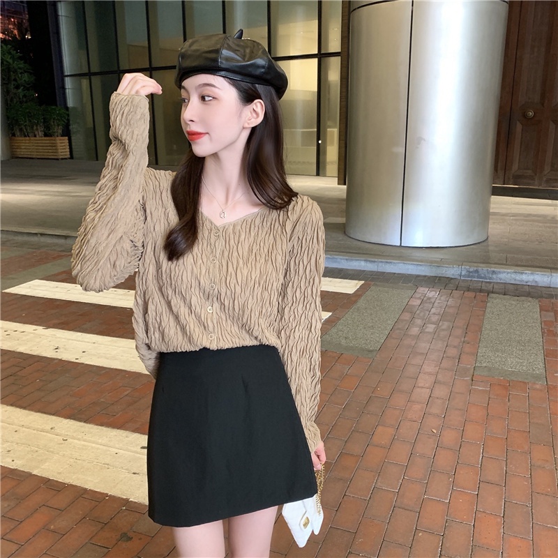 QKOOLE  Áo nữ tay dài cổ chữ V phong cách Hàn Quốc