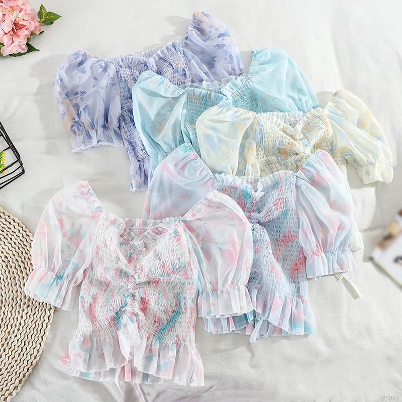 Áo Chiffon Cổ Vuông Xếp Ly Quyến Rũ Thời Trang Hàn Quốc Cho Nữ