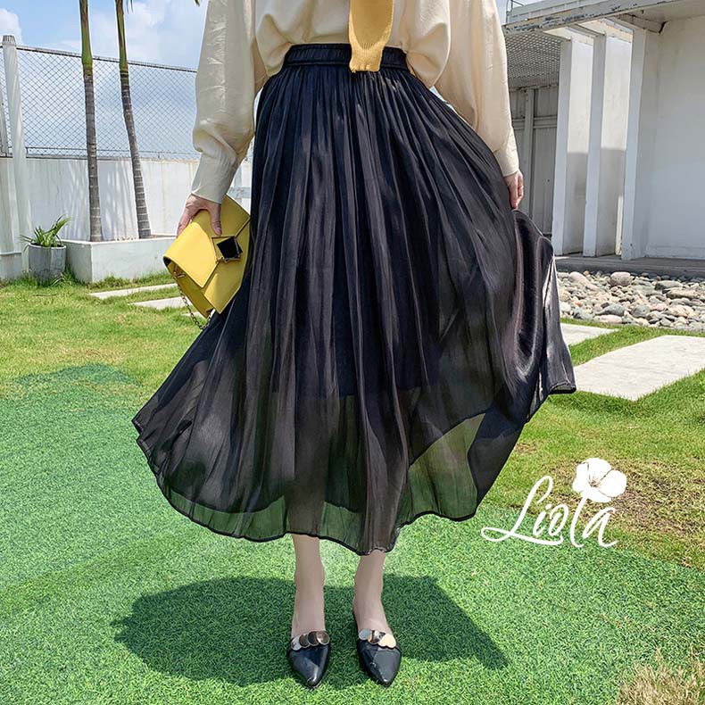 Chân váy dài midi nhúm xếp ly dáng xoè rộng chất liệu oganza ánh tơ lấp lánh trước ánh sáng Hot 2021 by Liola | BigBuy360 - bigbuy360.vn
