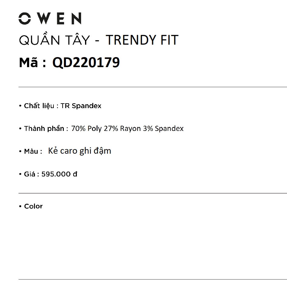 Quần âu tây nam công sở cao cấp OWEN QD220179 dáng trendy ống côn màu kẻ caro ghi đậm vải polyester mềm mát đứng dáng