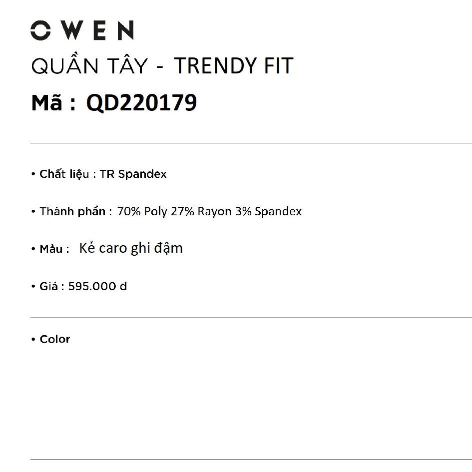 Quần Âu Nam Quần Tây Công Sở Cao Cấp OWEN QD220179 Dáng Trendy Ống Côn Kẻ Caro Ghi Đậm Vải Polyester Mềm Mát Đứng Form