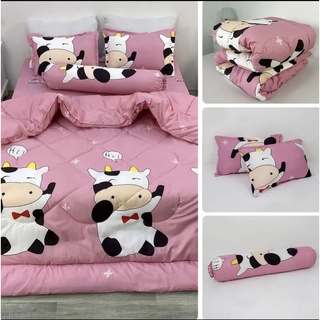 Trọn Bộ Chăn Phao 5 Món Ga Gối Poly loại 1 Chăn Bông Như Hình [Loại Bông Dày] ( mẫu bò sữa hồng)