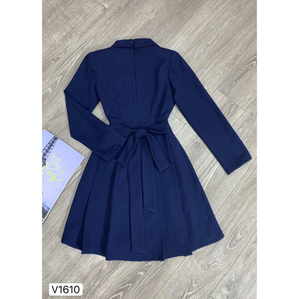 Váy xanh xòe cổ vest V1610 - Đẹp Shop DVC - Kèm ảnh thật trải sàn do shop tự chụp