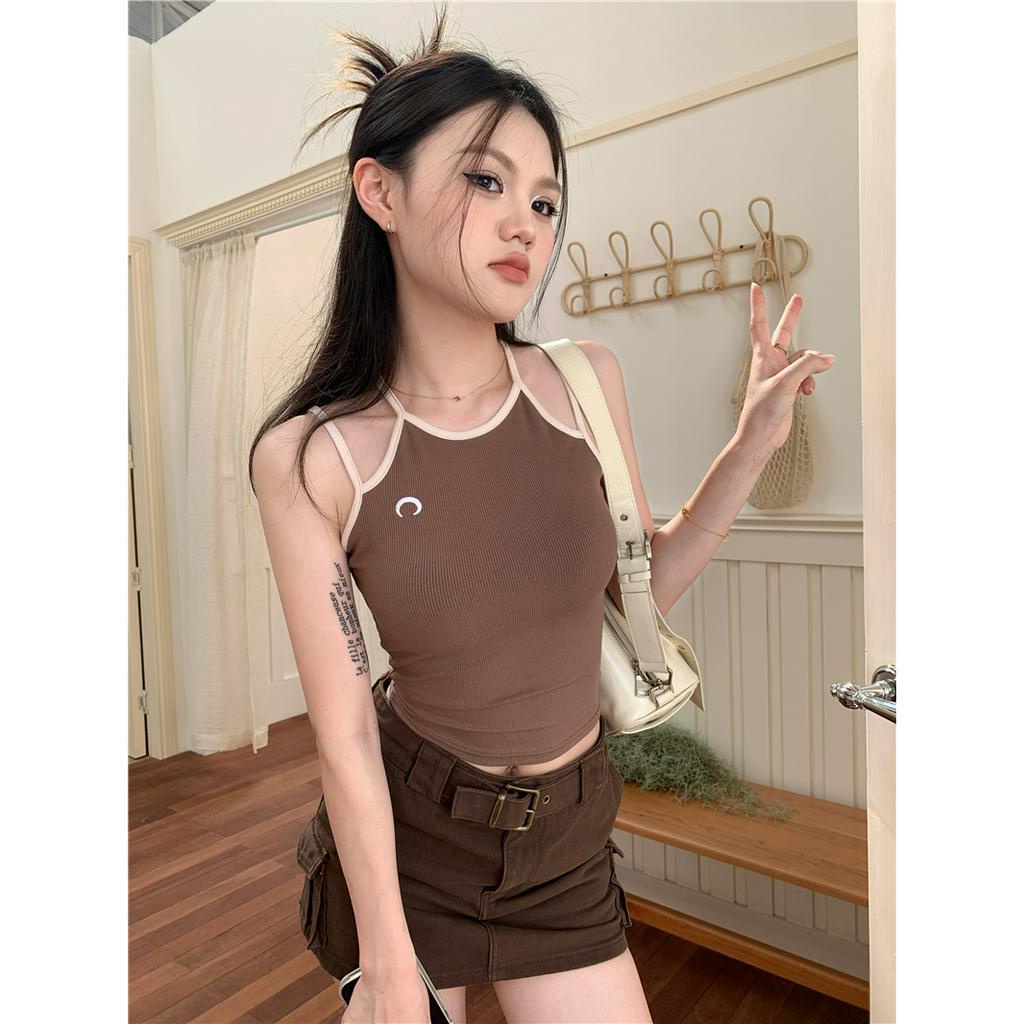 Lalisas Áo Croptop Hai Dây Mỏng Thêu Hình Mặt Trăng Gia Vị Cá Tính niche Cho Nữ