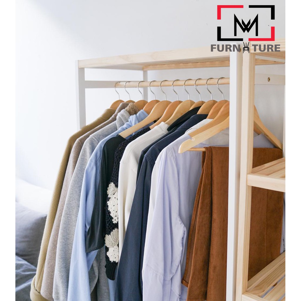 Tủ treo quần áo chữ nhật gỗ thông nhập khẩu - Shelf hanger màu trắng phối gỗ MW FURNITURE - Nội thất phòng ngủ