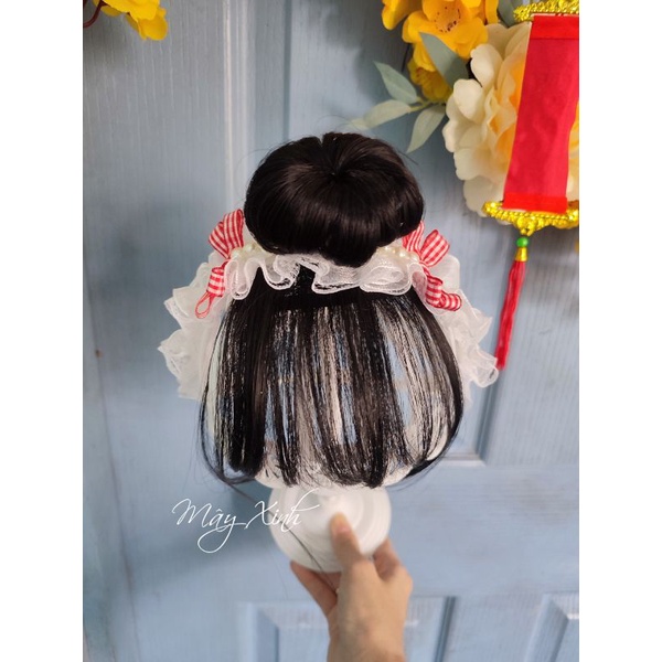 Băng đô ren tóc giả đính nơ caro đỏ xinh