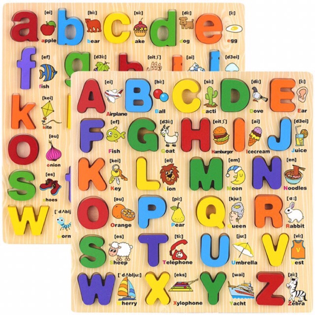 Đồ chơi gỗ - Bảng chữ cái nổi tiếng Anh 30x30Cm họa tiết minh họa phiên âm cho bé