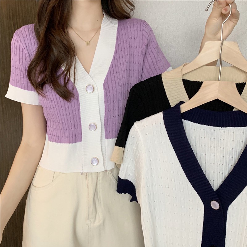 NZN Áo cardigan dệt kim cổ chữ V tay ngắn dáng rộng thời trang Hàn Quốc