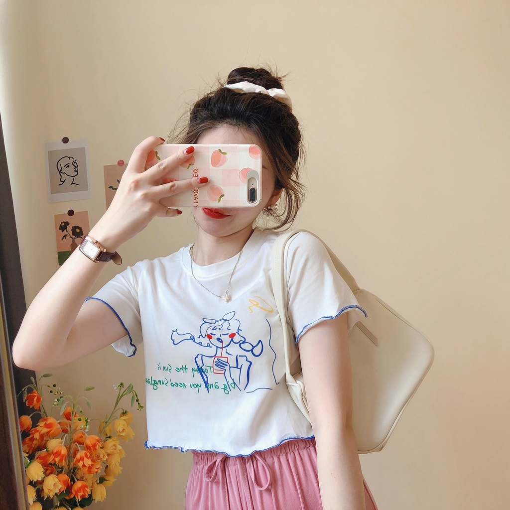 Áo thun lửng tay ngắn hoạ tiết xinh xắn thời trang mùa hè cho nữ