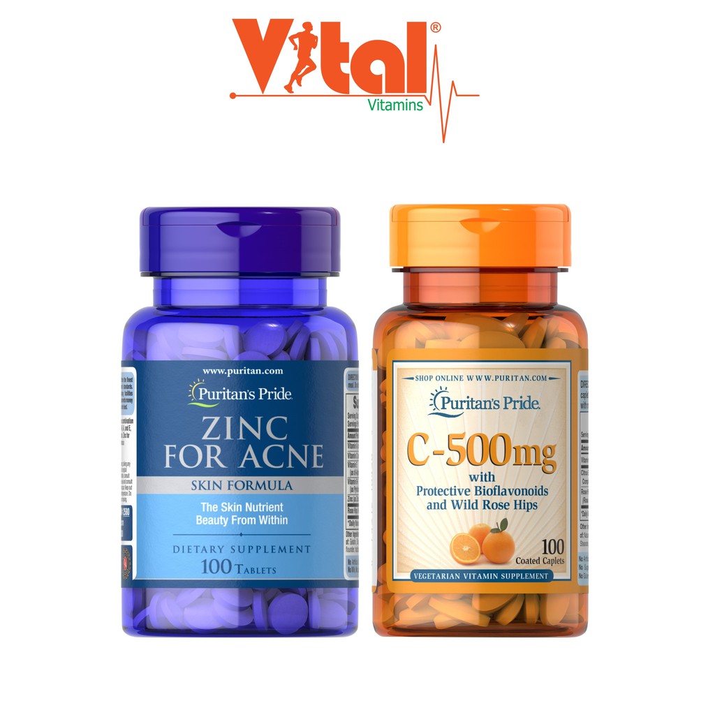 Combo Hoàn Hảo Ngừa - Giảm Mụn, Làm Mờ Vết Thâm Zinc for Acne & Vitamin C-500mg
