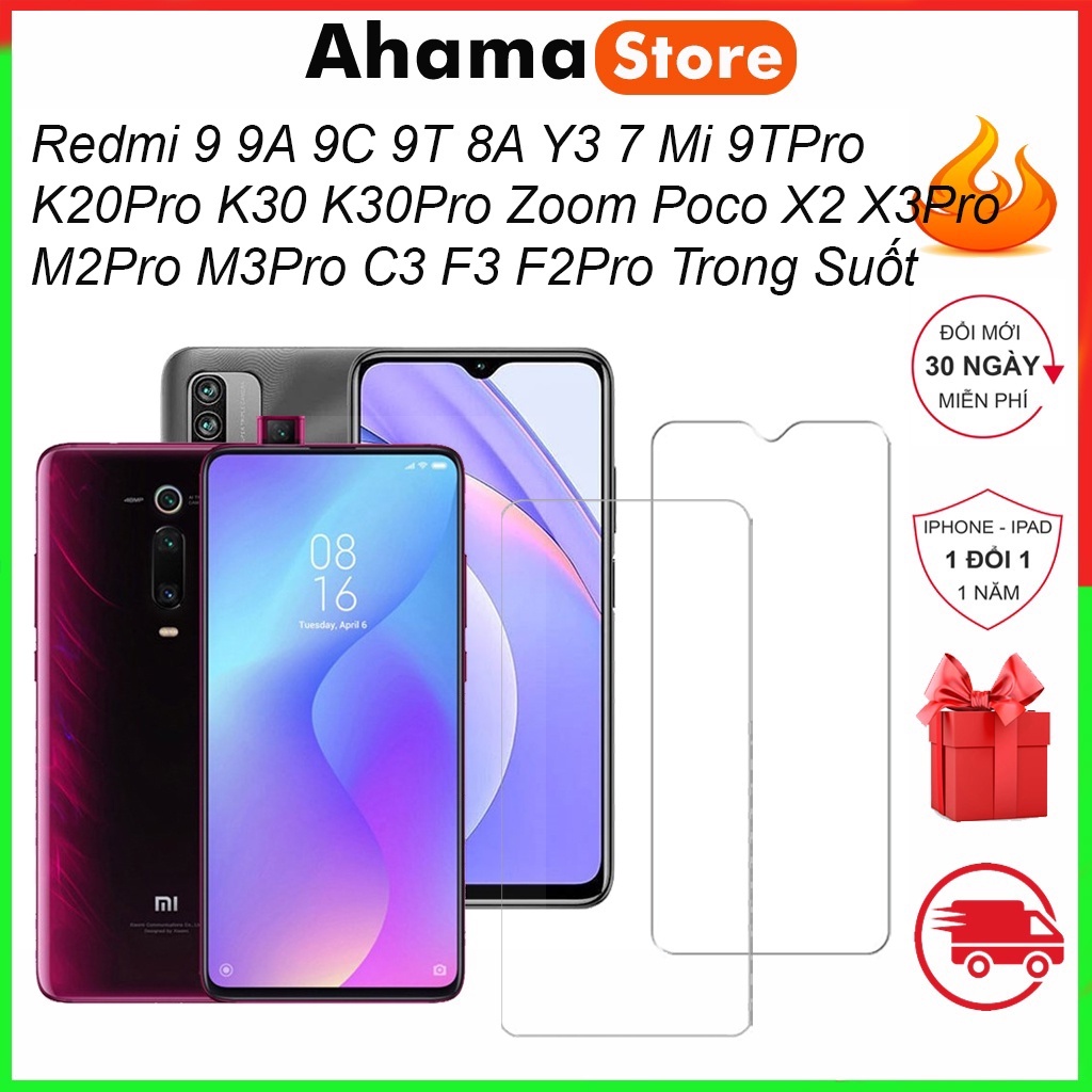 Cường lực Redmi 9 9A 9C 9T 8A Y3 7 Mi 9TPro K20Pro K30 K30Pro Zom Poco X2 X3Pro M2Pro M3Pro C3 F3 F2Pro Trong Suốt