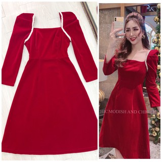 Váy Nhung đỏ cổ vuông V1770 - MC phân phối chính thức ( kèm ảnh thật shop tự chụp)