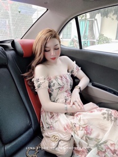 Váy maxi voan hoa trễ vai