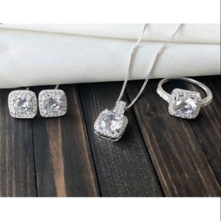 Bộ trang sức bạc ta, bông tai, dây chuyền, nhẫn vuông đính đá trắng đẹp