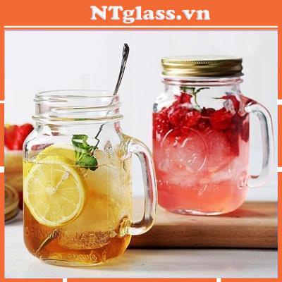 Bình trà sữa thủy tinh có quai 450ml nắp màu ngẫu nhiên