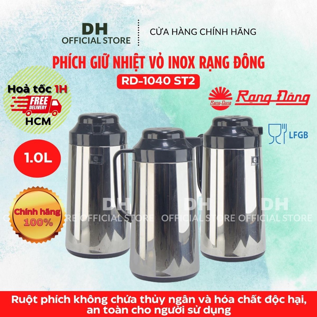 Bình thuỷ, phích giữ nhiệt Inox Rạng Đông có nút ấn RD-1040 ST2 dung tích 1.0L