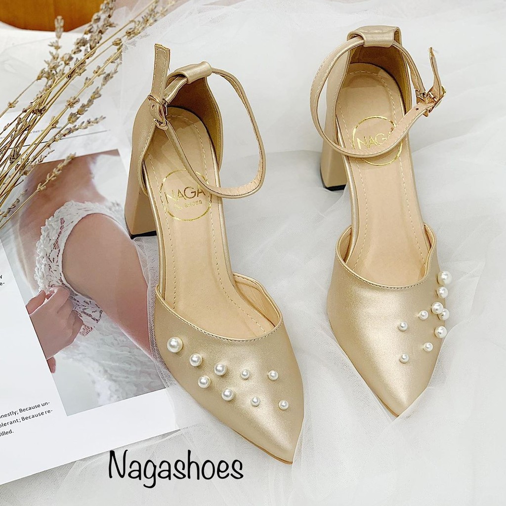 [Mã SKAMFSW175 giảm 10K đơn 50K] GIÀY CAO GÓT NAGASHOES MŨI NHỌN ĐÍNH NGỌC TRAI NHÂN TẠO 7CM NAC130