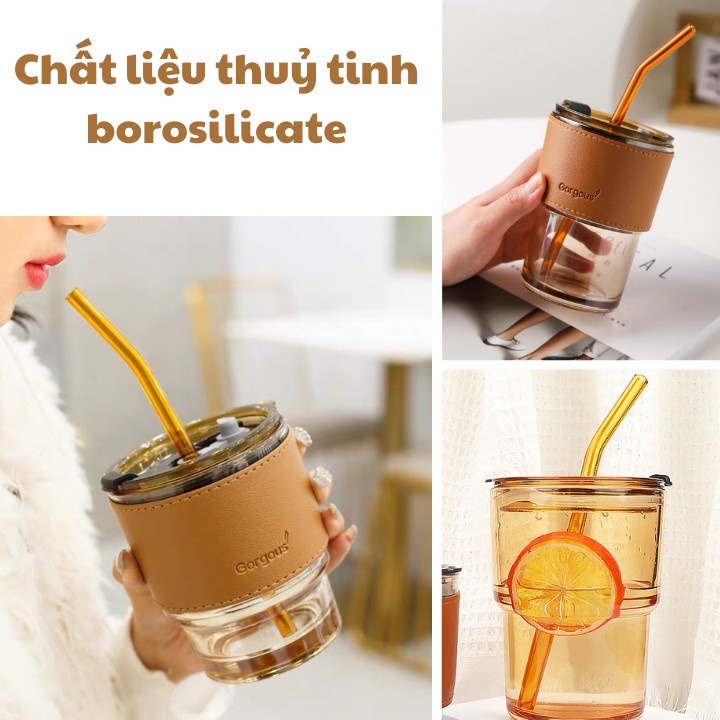 Cốc thủy tinh màu hổ phách, cốc uống nước bọc da có nắp kèm ống hút thủy tinh sang chảnh 450ml