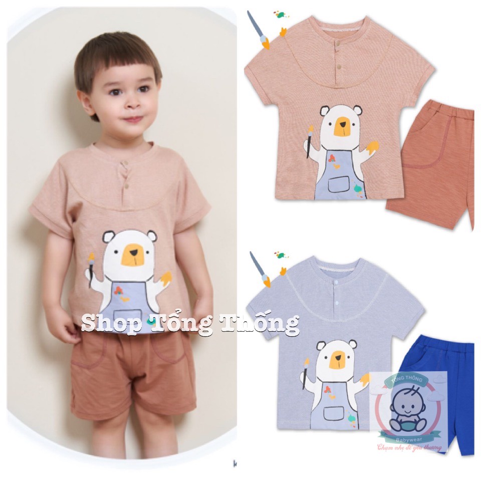 Bộ La Pomme cộc tay Cotton cao cấp thoáng mát thấm hút tốt bổ nẹp gấu trắng nét vẽ tinh nghịch cho bé trai bé gái 12018