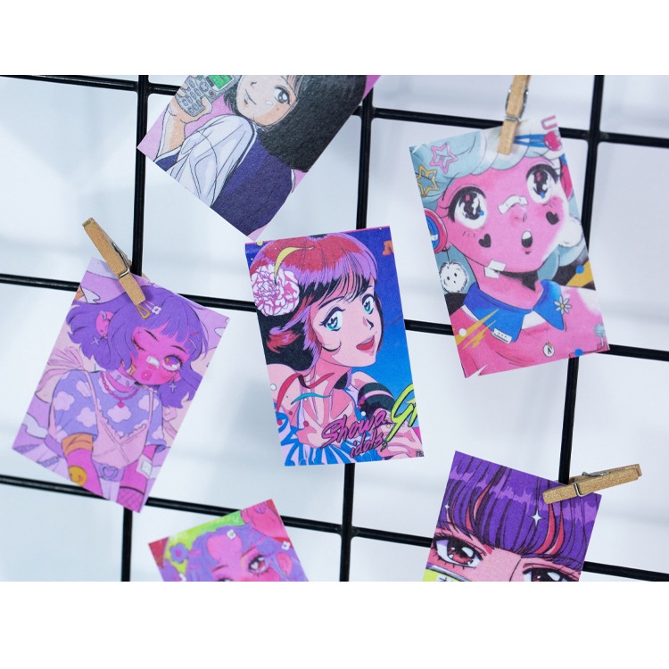 Sticker Set Miếng Dạng Thẻ Sticker Tấm 2 Tờ Dán Retro Anime Girl