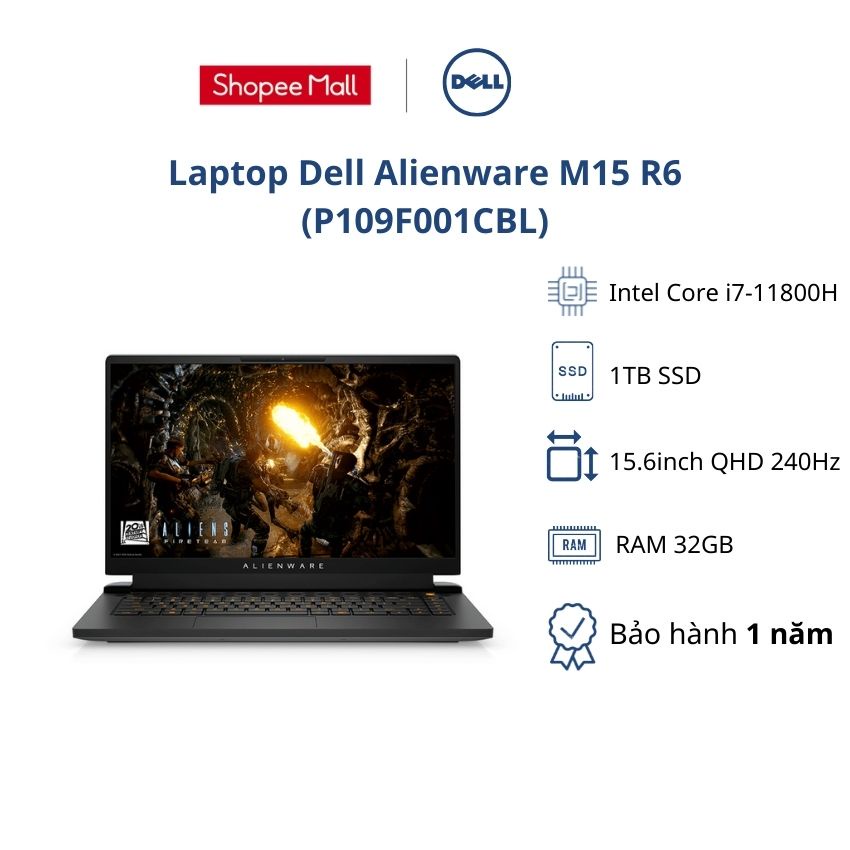 Laptop Dell Alienware M15 R6 /Black/i7-11800H/RAM 32GB/1TB SSD/Nvidia GeForce RTX 3060 6GB/ 15.6''QHD 240Hz
