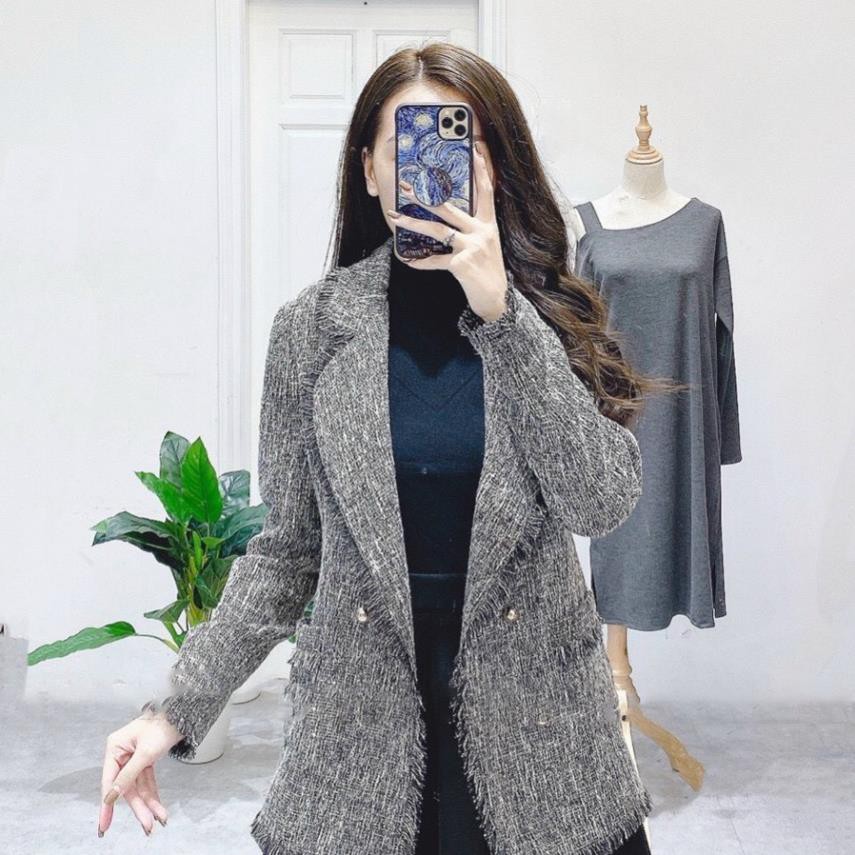 Áo dạ nữ dài tay TEMA - Áo dạ tweed xám ghi tua rua siêu xinh