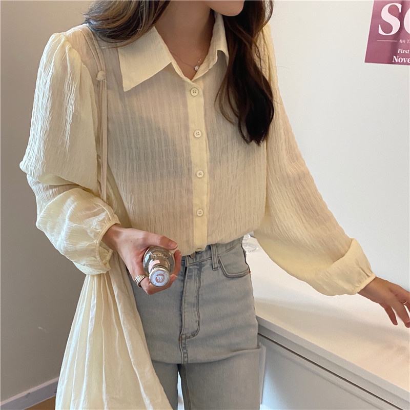 SUXI Áo Sơ Mi Tay Dài Dáng Rộng Màu Sắc Đơn Giản Phong Cách Hàn Quốc Thời Trang Mùa Hè Xinh Xắn Cho Nữ