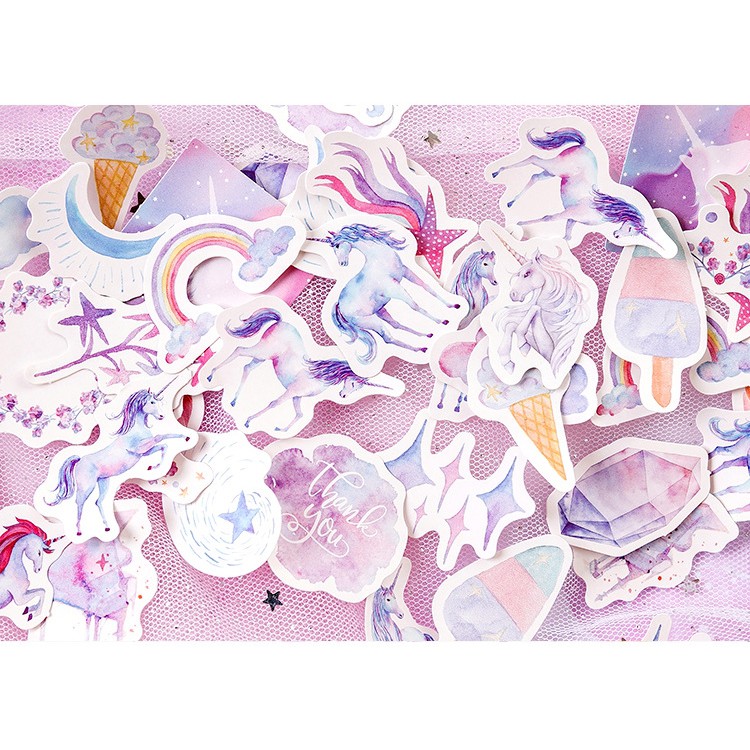 Hộp 46 miếng sticker mẫu kỳ lân màu hồng tím