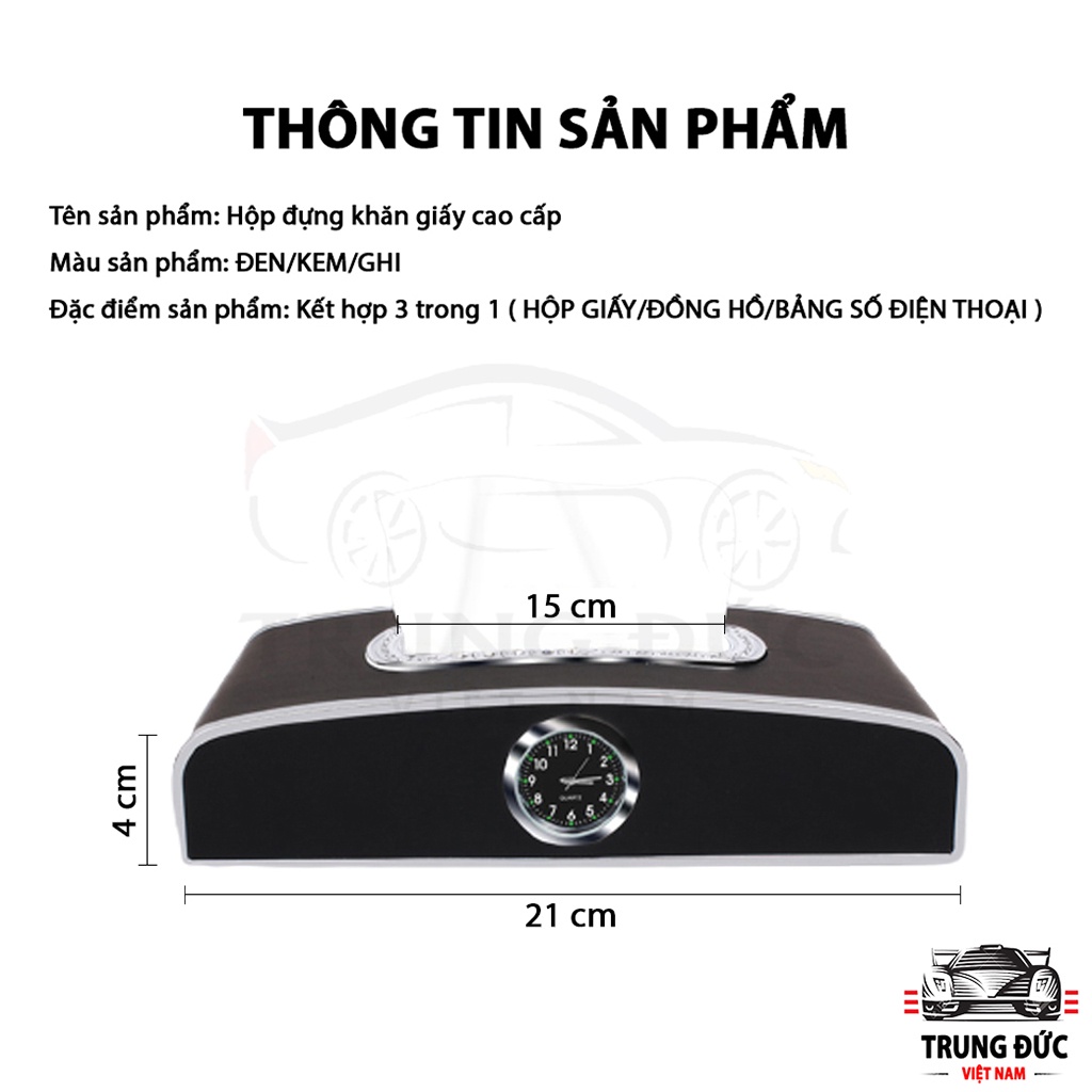 Hộp đựng giấy ăn trên ô tô TRUNGDUCVN 3 chức năng, có đồng hồ và bảng số điện thoại, chất liệu da cao cấp