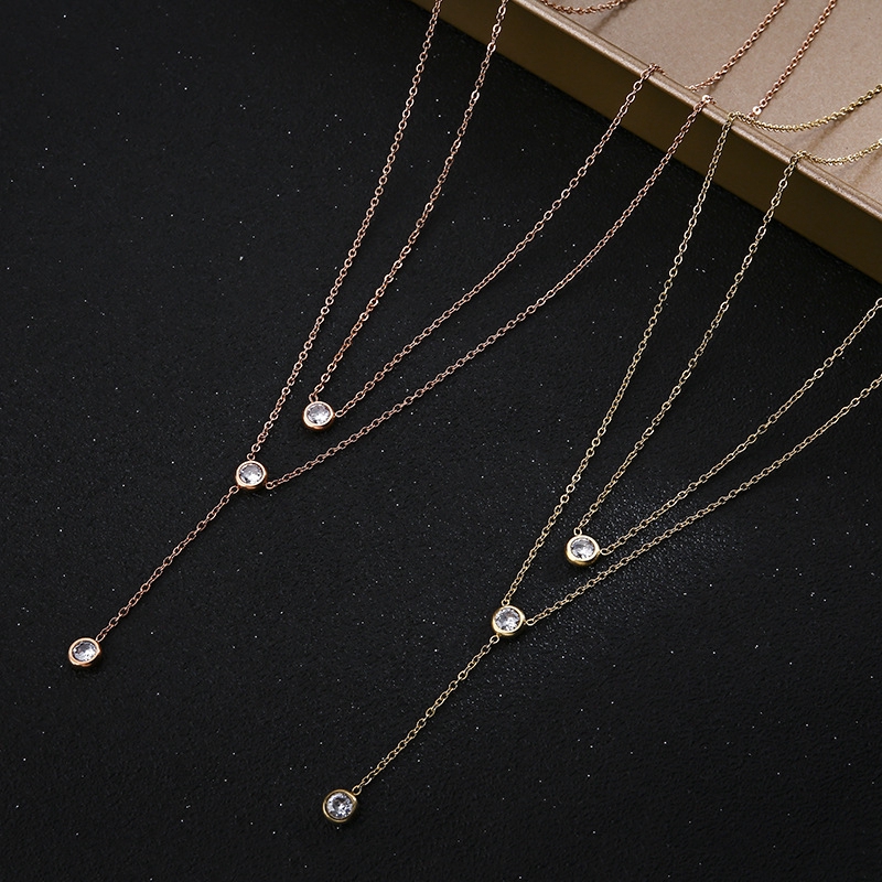 Dây chuyền hai lớp bằng thép titan mạ vàng hồng / vàng 18K đính đá zircon phong cách Nhật Hàn cá tính dễ phối đồ