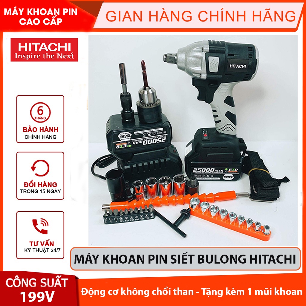 Máy Khoan Pin, Máy Siết Bulong Hitachi 198V - Pin khủng 10 Cell, Động Cơ Không Chổi Than Siêu Mạnh Mẽ