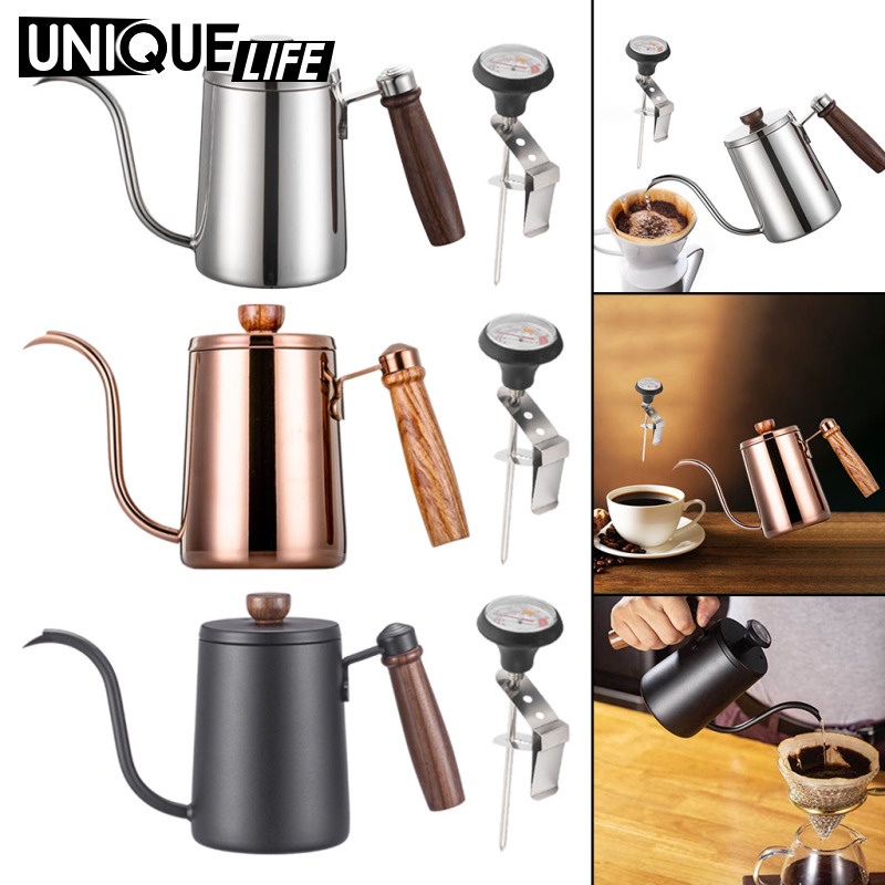 Ấm pha trà / cà phê bằng thép không gỉ 600ml có tay cầm gỗ tiện dụng cho gia đình / nhà hàng