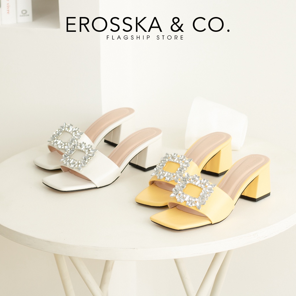 Erosska - Dép cao gót nữ quai ngang đính đá sang trọng cao 5,5cm màu trắng - EM096