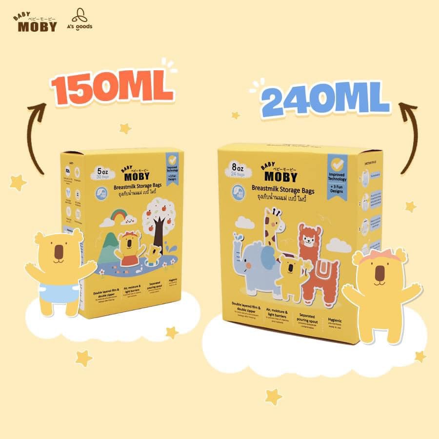 Túi trữ sữa cho bé MOBY BABY 150ml 240ml, túi đựng sữa 3 đường zip có vòi - Monnie Kids