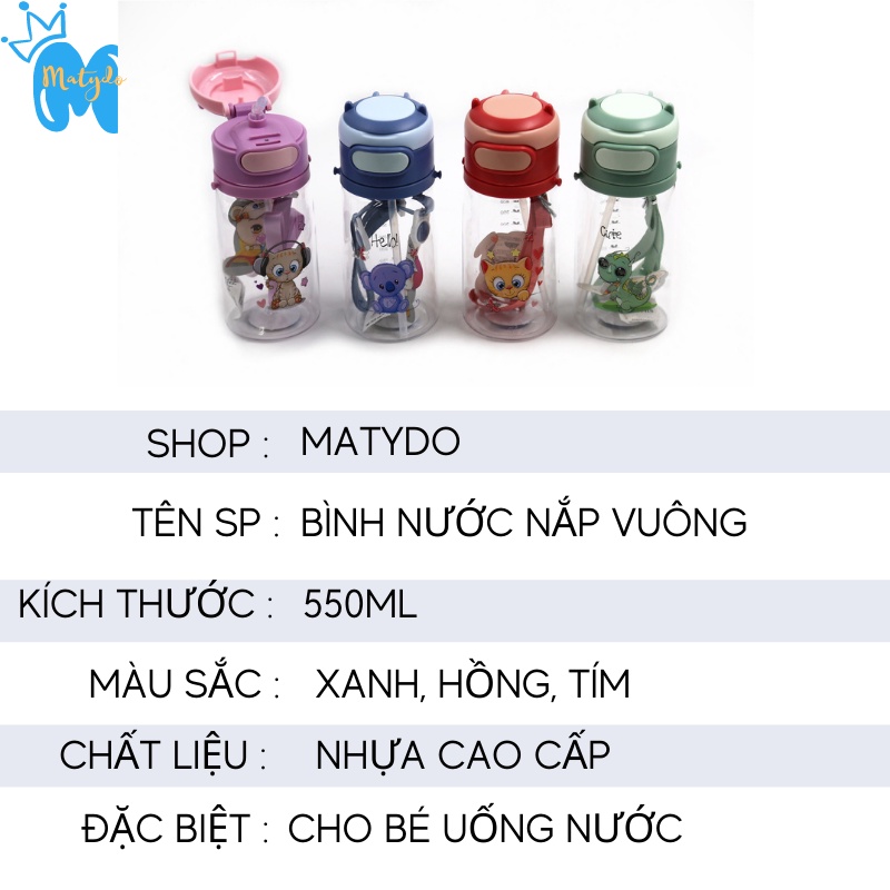 Bình nước cho bé 550ml có quai đeo ống hút mềm mại cao cấp BN08