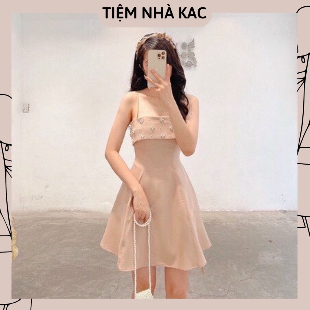 Đầm Váy Dáng Xòe Form Chữ A 2 Dây Đính Hạt Đủ Size Hai Màu Trắng- Đen Tiệm Nhà Kac, Có Sẵn