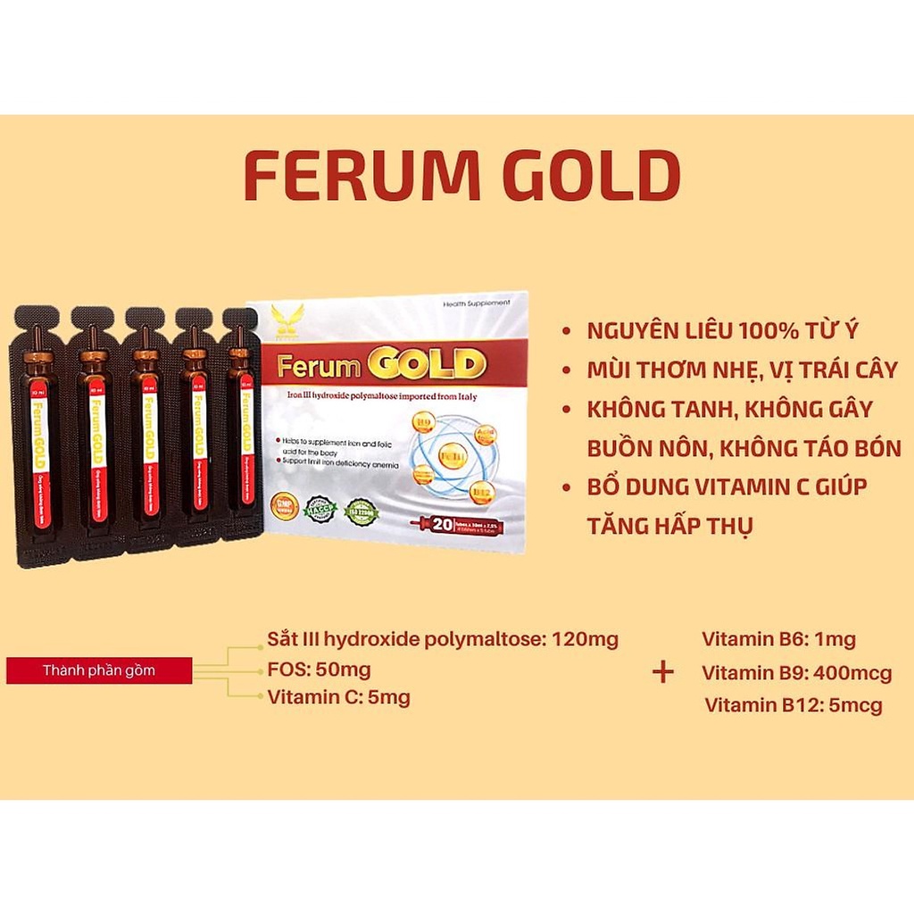 SIRO SẮT FERUM GOLD 10ML/20 ỐNG BỔ SUNG SẮT VÀ ACID FOLIC CHO CƠ THỂ THƠM NGON KHÔNG TANH