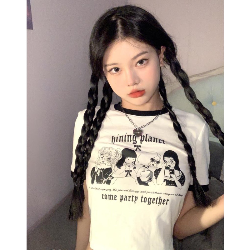 Áo Thun Croptop Tay Ngắn Dáng Ôm In Họa Tiết Kiểu Retro Hàn Quốc Thời Trang Cho Nữ