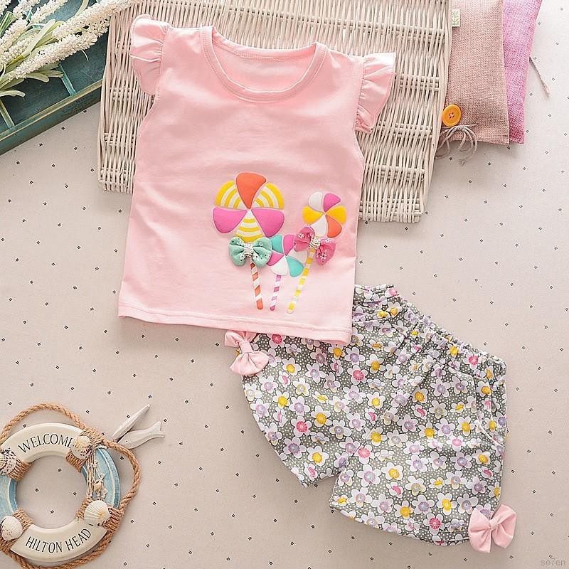 Đồ bộ ngắn vải cotton thoáng mát in họa tiết hoa và chong chóng dễ thương cho bé gái