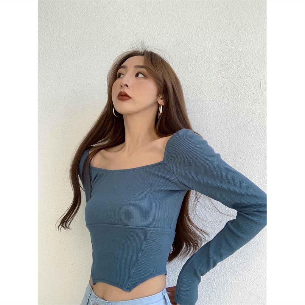 Áo Thun Tay Dài Cổ Vuông Dáng Ôm Thời Trang Mùa Thu Quyến Rũ Cho Nữ