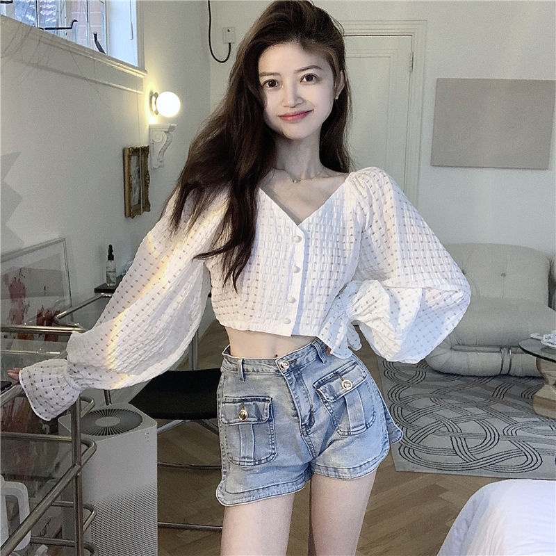 Áo Sơ Mi Nữ Cổ Chữ V Trắng Áo Croptop Tay Dài Phong Cách Phương Tây Thời Trang Mùa Thu Mới 2022