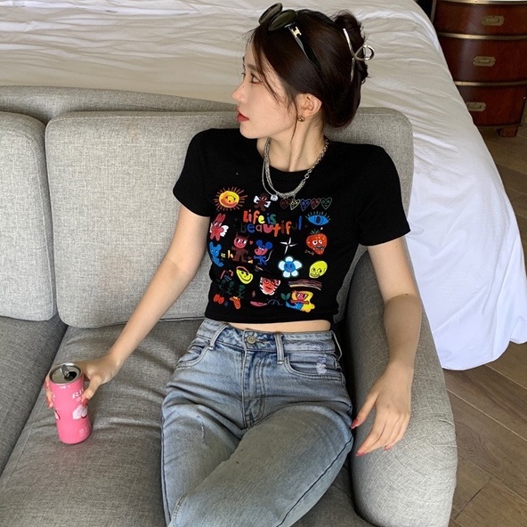 Áo thun ZHELIHANGFEI ngắn tay in họa tiết hoạt hình xinh xắn gợi cảm