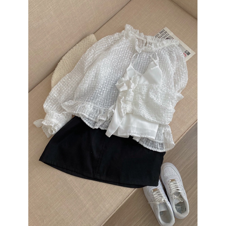 Set áo sơ mi bling tiểu thư kèm áo hai dây phối chân váy chữ a có lót trong Kozoda M82