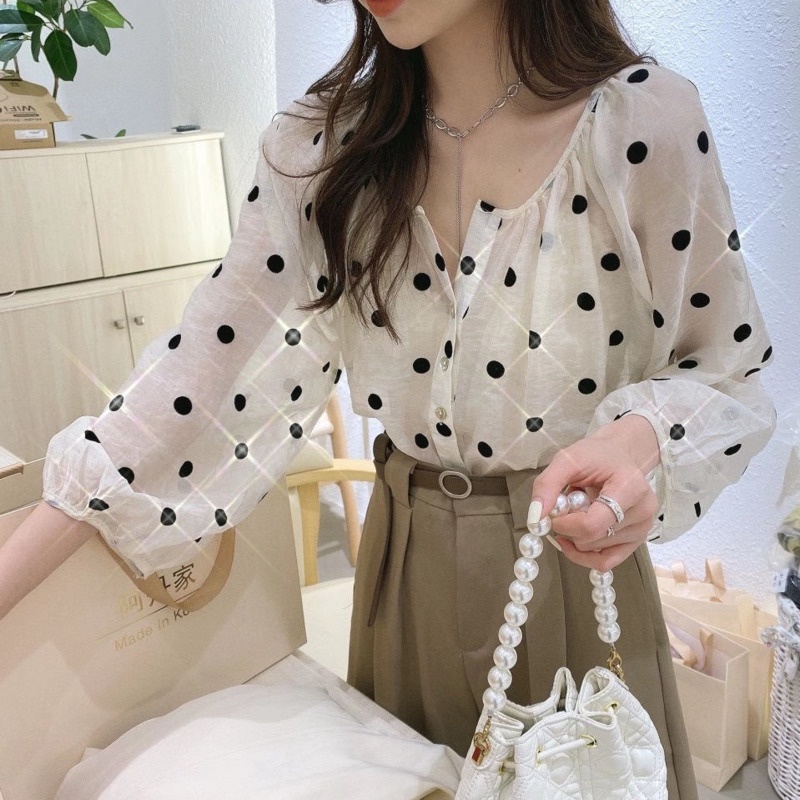 Áo Sơ Mi Tay Dài Chấm Bi Thời Trang 172855 Áo Khoác Sơ Mi Mỏng Chống Nắng Phong Cách Thời Trang Retro