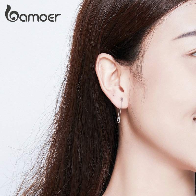Đôi khuyên tai BAMOER chốt bạc 925 hình chiếc kẹp giấy thời trang cho nữ