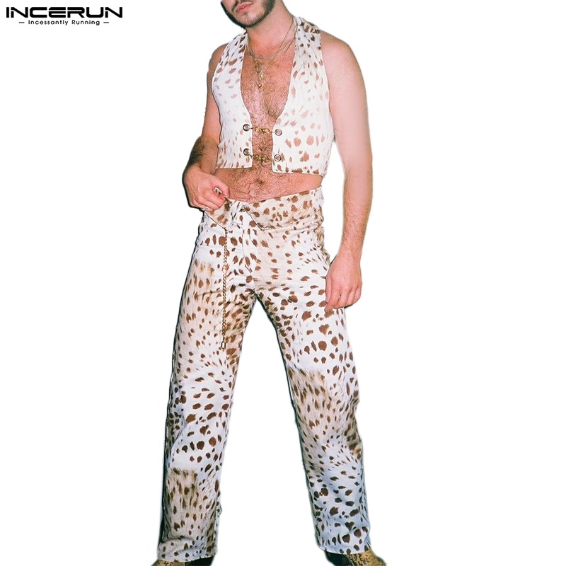 INCERUN Set Áo Ghi Lê + Quần Dài Dáng Rộng Thời Trang Cá Tính Cho Nam