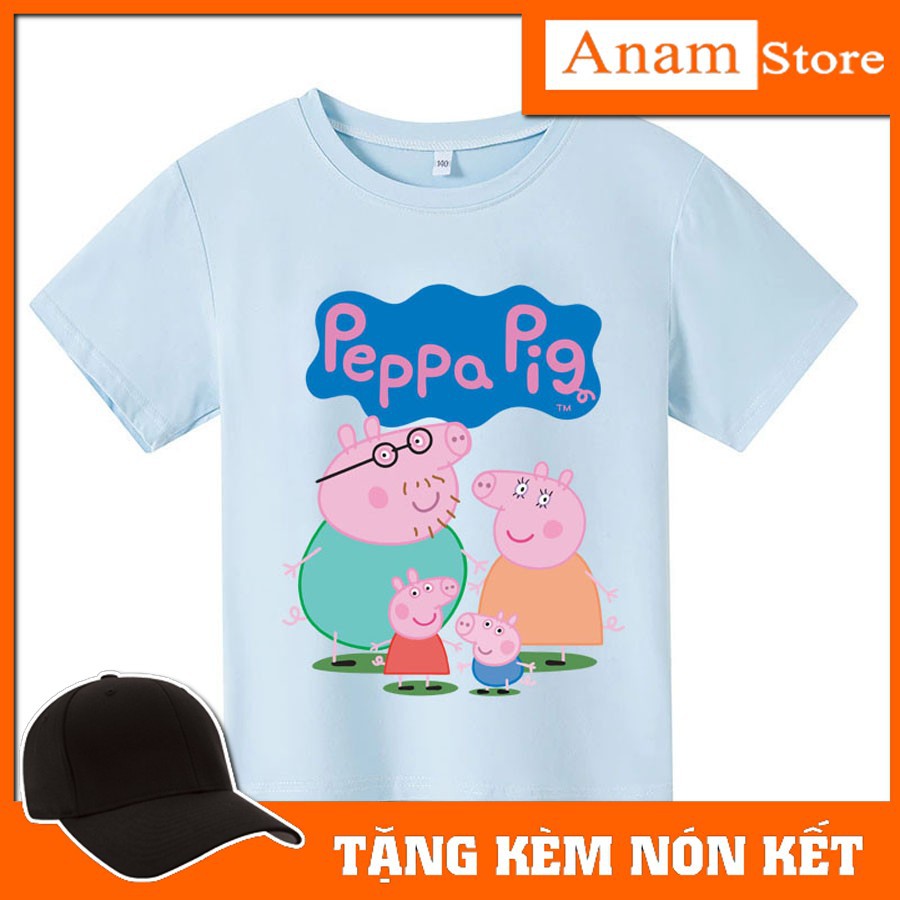 Áo thun trẻ em nhiều màu Heo Peppa Pig, Tặng kèm nón kết, có size người lớn, Anam Store