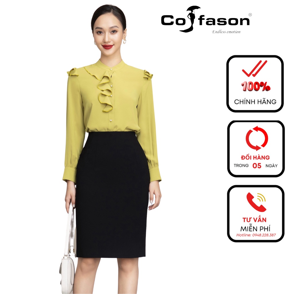 Áo sơ mi cổ trụ tay bèo, sơ mi nữ thiết kế Cofason, vải CREPE nhập ngoại Hàn Quốc, không nhàu, không phai.