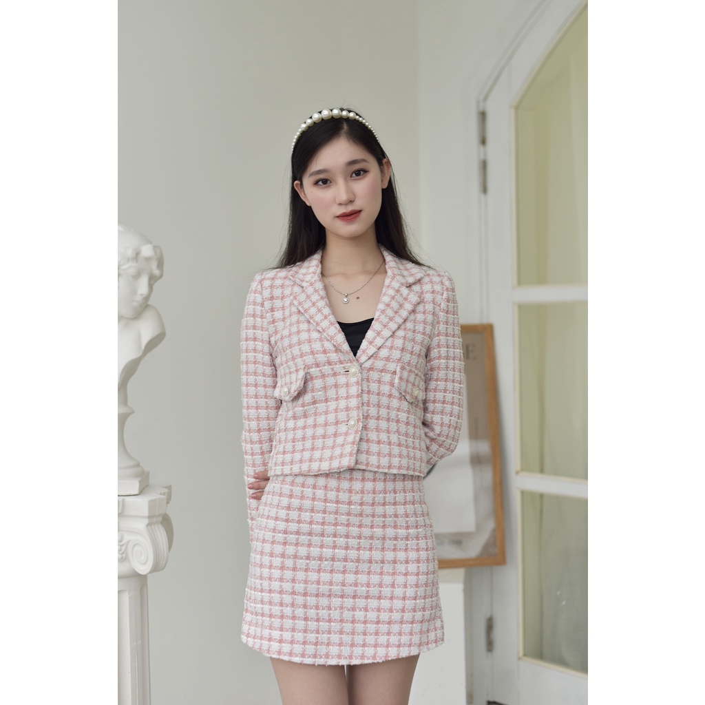 Set dạ tweed kẻ hồng tiểu thư sang chảnh, công sở thanh lịch